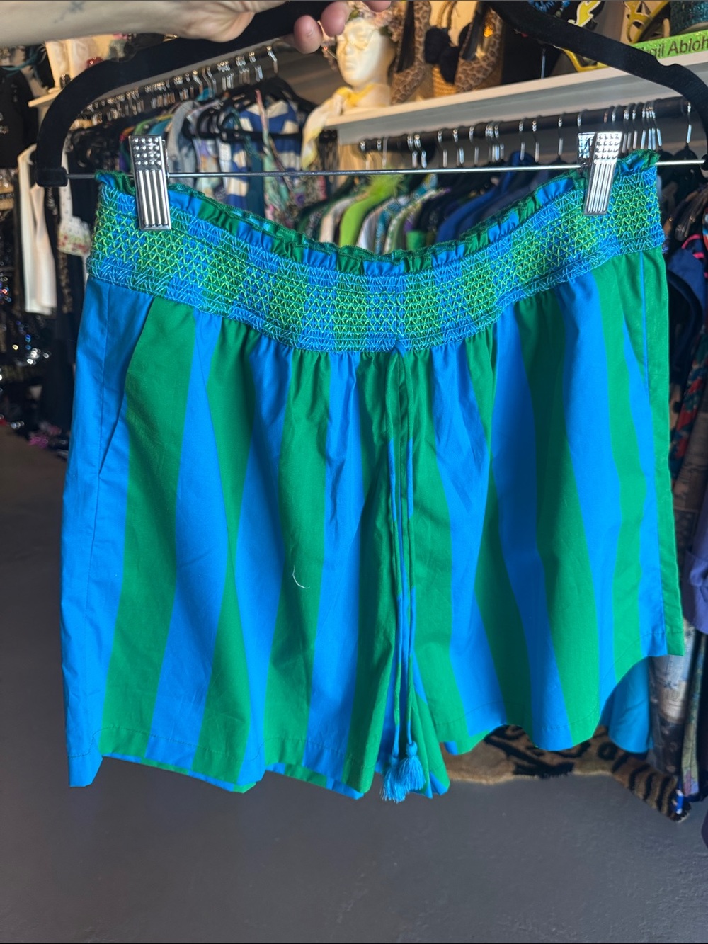 Tracy Reese Green & Blue Striped Smocked Waist Shorts